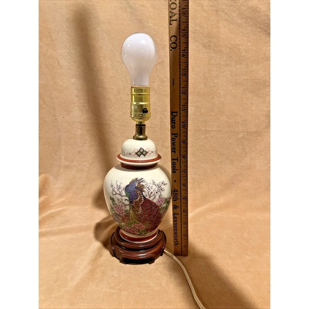 Vintage Chinese Hand painted Ceramic Lamp Peacock Wooden Base Oriental Lamp Work